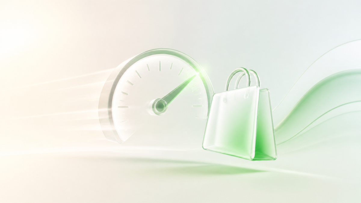 Illustration abstraite d’un compteur de vitesse et d’un sac e-commerce translucide vert